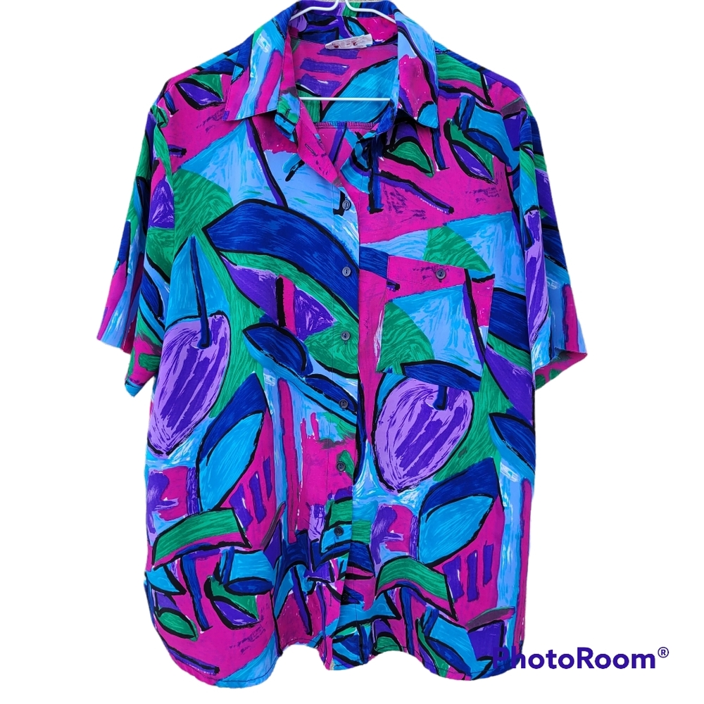 Vintage Bright Abstract Print Short Sleeve Blouse